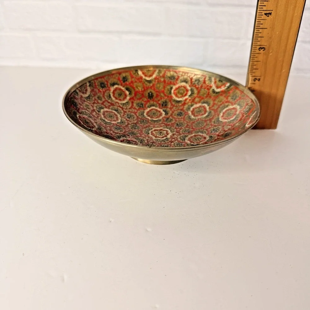 Vintage Enamel Brass Bowl Red Floral Patterned Pedestal 5